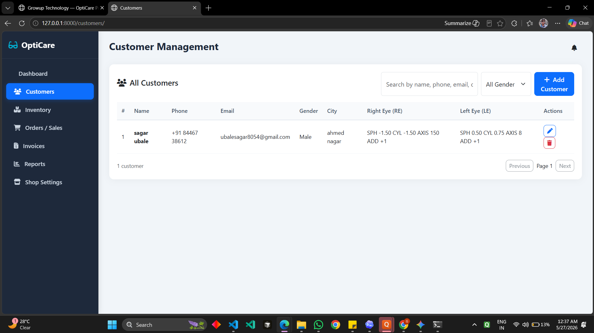 OptiCare Pro customer management screenshot