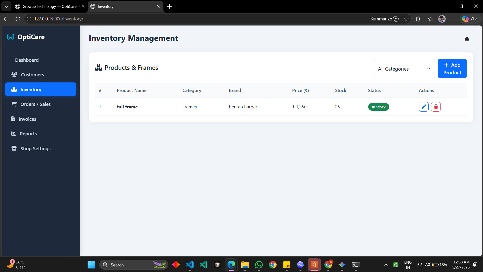 OptiCare Pro inventory management screenshot