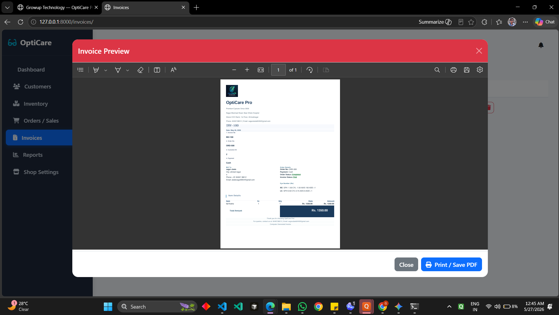 OptiCare Pro invoice PDF preview screenshot