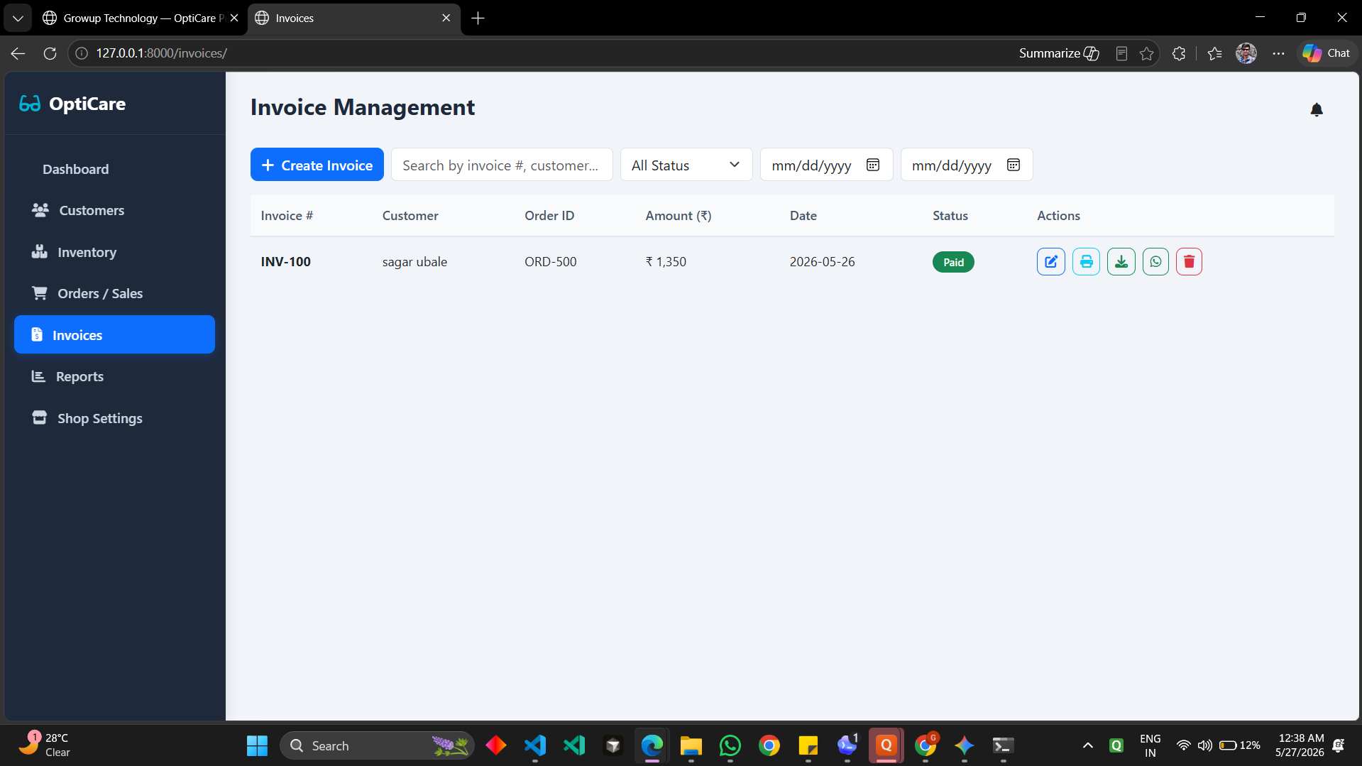 OptiCare Pro invoice management screenshot