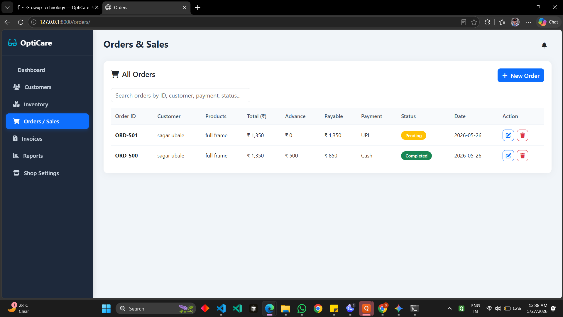 OptiCare Pro orders and sales screenshot